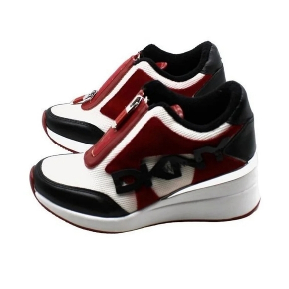 DKNY PARLAN ZIP UP RED/WHITE/BLACK WEDGE SNEAKERS - 7M. - Picture 3 of 7